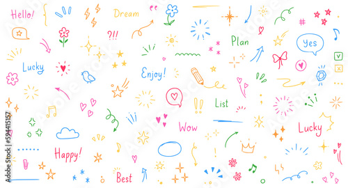 Doodle cute glitter pen line color elements. Doodle heart, arrow, star, sparkle decoration symbol set icon. Simple sketch line style emphasis, attention, pattern elements. Vector illustration