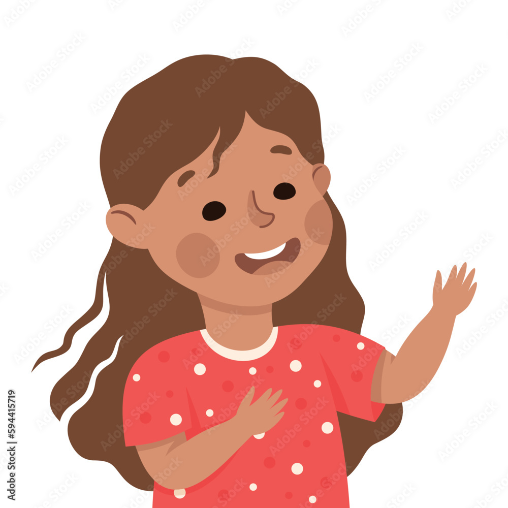 Happy Little Girl with Raised Up Hand Smiling Vector Illustration
