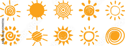 Set of doodle sun icons. PNG