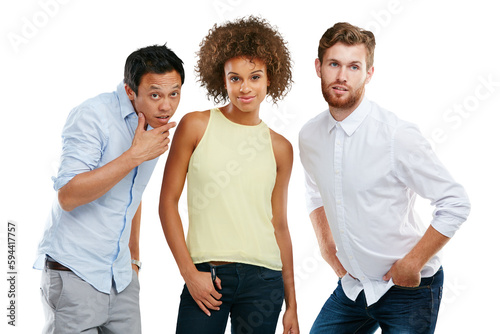 Diversity, people together and standing casual of interracial models or comic friends posing. Portrait of goofy, silly or fun playful group in support isolated on a transparent png background