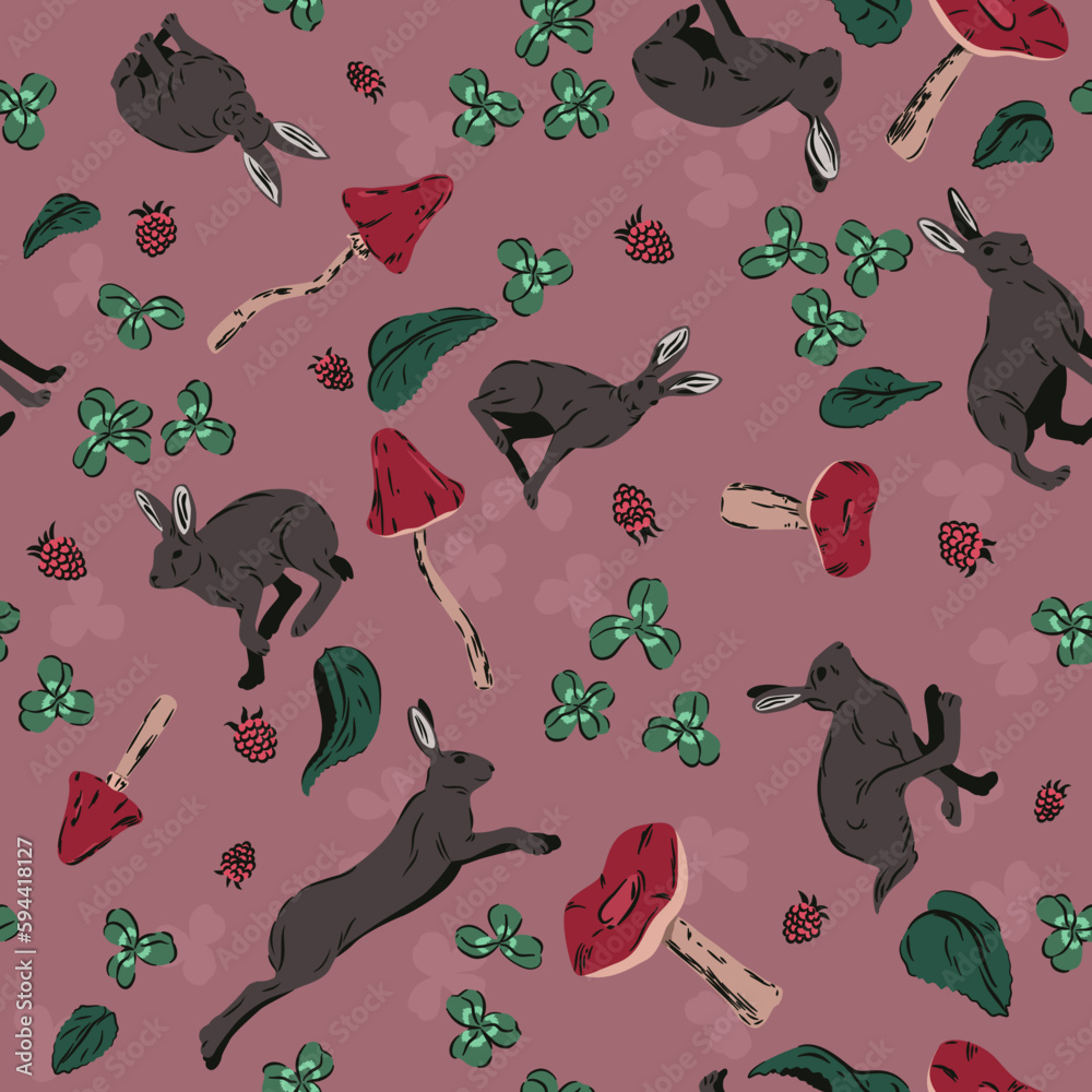 Obraz premium Powtarzalny leśny wzór. Zające, grzyby, maliny i koniczyna. Dzikie króliki, muchomory i krzaczki z jagodami. Ilustracja wektorowa.