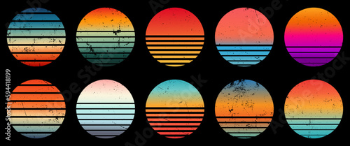 Retro sunset collection with gradient and grunge texture. Design for sticker, logo, icon, t-shirt or any purpose. Vector illustration