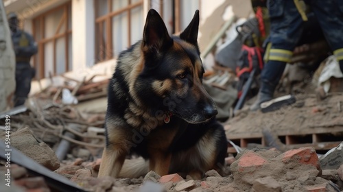 dogs search for people under the rubble after the collapse of an apartment building. AI generated