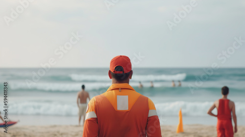 The lifeguard on the beach watches over the resting people who swim in the sea, rear view. AI generated