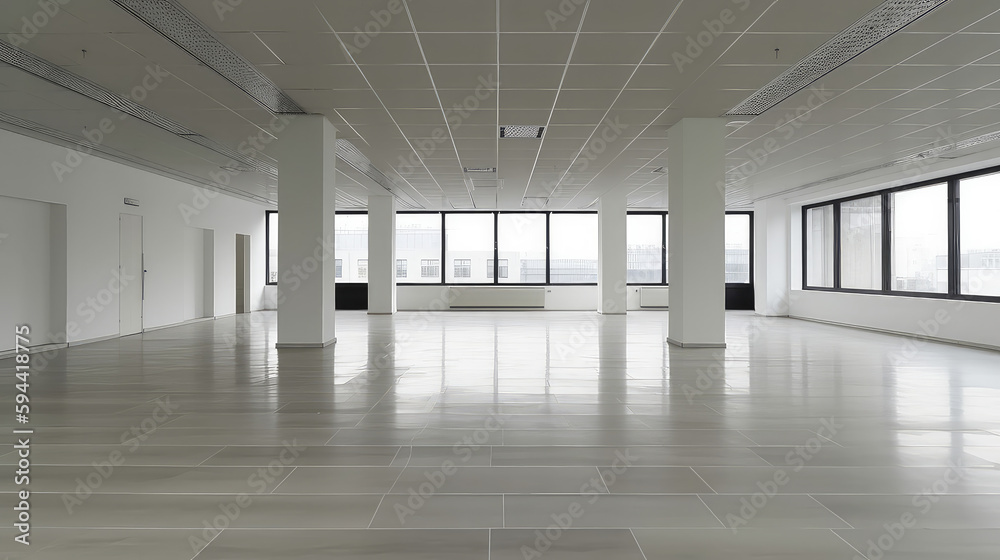 Empty large floor for office or warhorse, beautiful corridor and empty desk office space at coworking place