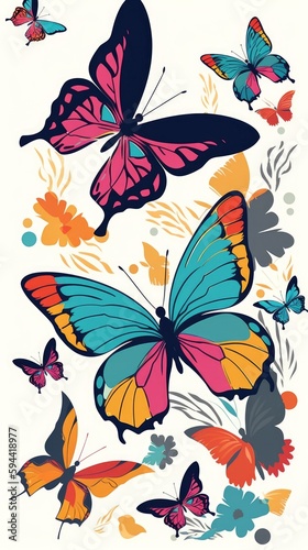 A group of colorful butterflies on white background. Generative AI.  © Elle Arden 