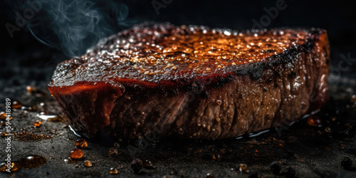 freshly grilled steak displays the caramelized, crusty exterior and the succulent, juicy interior, generative ai