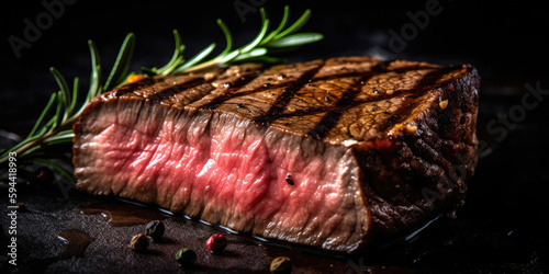 freshly grilled steak displays the caramelized, crusty exterior and the succulent, juicy interior, generative ai