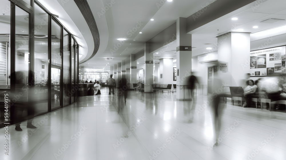 Busy office  and commercial floor, people walking on a busy office floor, motion blurr 