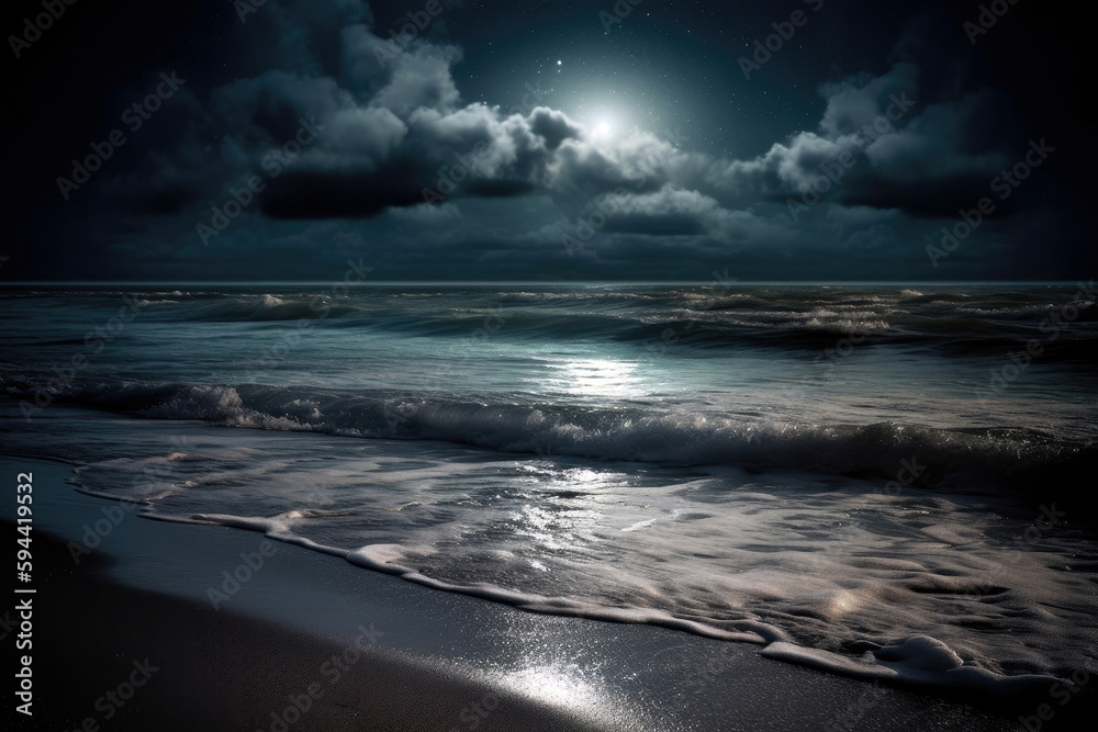 moonlit beach with waves gently lapping at the shore, generative ai
