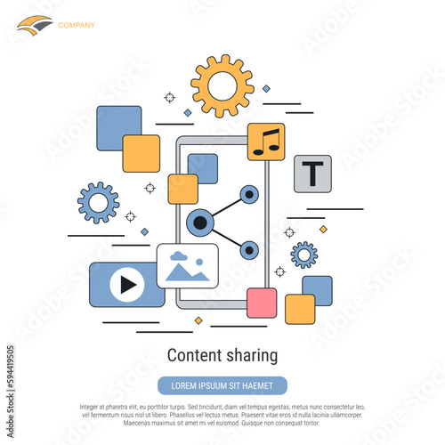 Content sharing flat contour style vector concept illustration