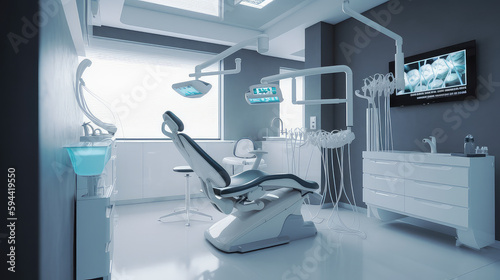 Wallpaper Mural A modern empty dental clinic interior with bright overhead light and dental chairs with equipment Torontodigital.ca