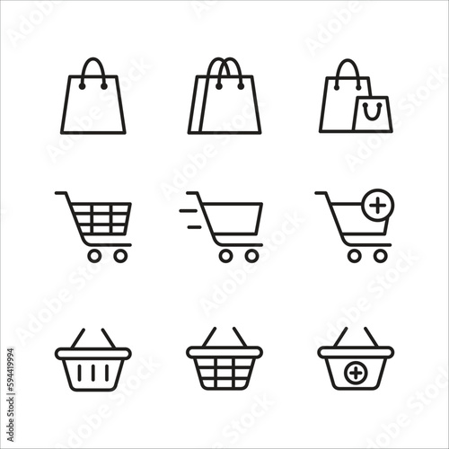 Set of shopping vector line icons. Contains such icons as shopping bag, shopping cart, and basket. Suitable for website design, template, and ui. Editable stroke