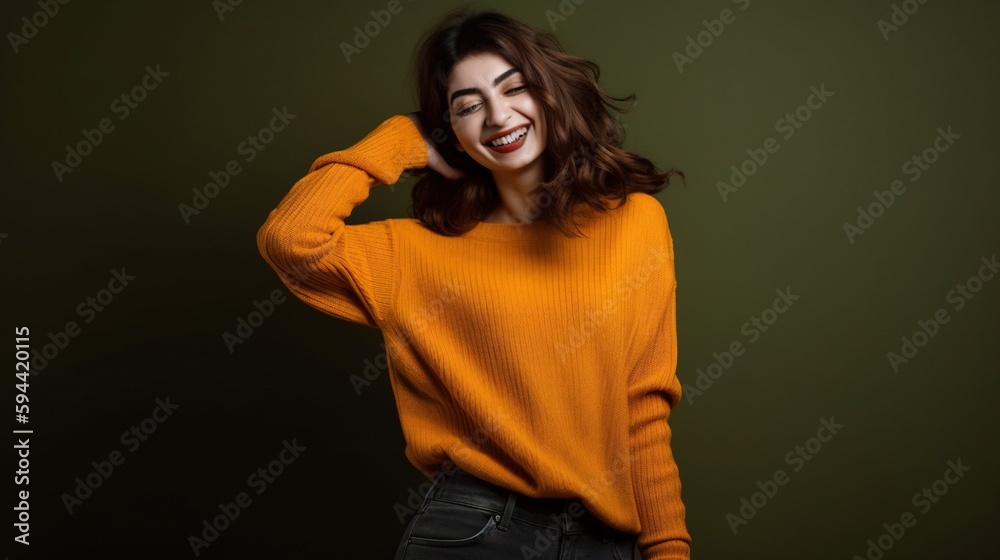 Happy Woman in Orange Sweater Posing on Dark Background. Generative AI. Happy Woman in Orange Sweater Posing on Dark Background. Generative AI.