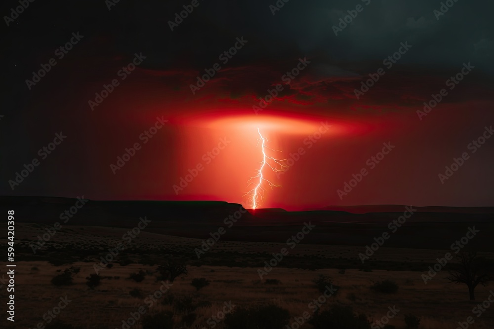 Red Sprite Lightning Against Night Sky. Generative AI.