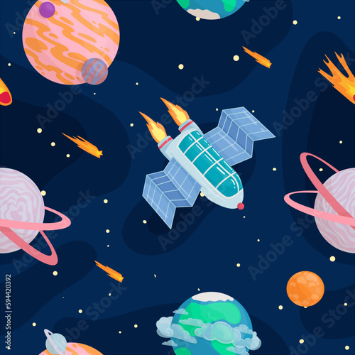 UFOs, spaceships, rockets. Solar system, intergalactic travel. Galaxies, planets, asteroids, comets, shooting stars. Vector illustration in cartoon style on a white background.