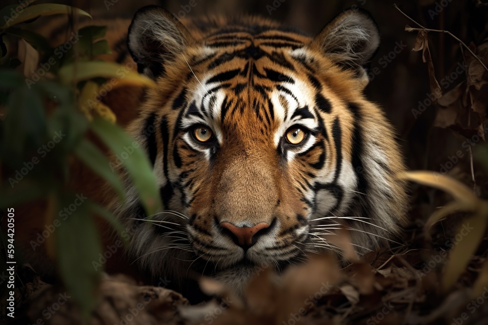 Endangered Tiger Peering Through Leaves: Conservation Awareness in Natural Habitat. Generative AI. Endangered Tiger Peering Through Leaves: Conservation Awareness in Natural Habitat. Generative AI.