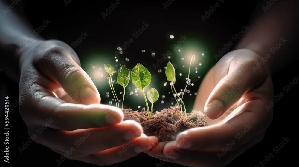 Fototapeta premium Hands Holding Small Plant in Soil for Ecology Concept. Generative AI.