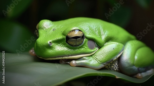 Green Tree Frog Sleeping on Vibrant Leaf. Generative AI.