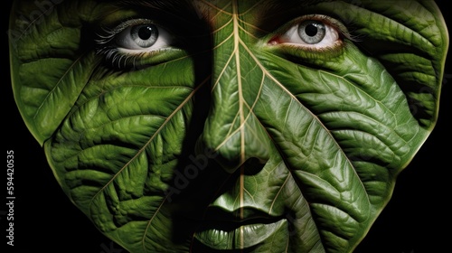Green Leaf with Human Face. Generative AI.