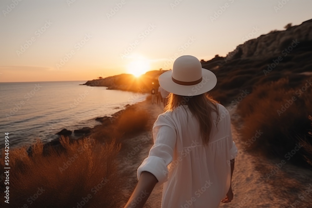 Pov view of young woman with sun hat holding her boyfriend by hand and walking to the beach at sunset. Concept Summer Vacation. Generative AI