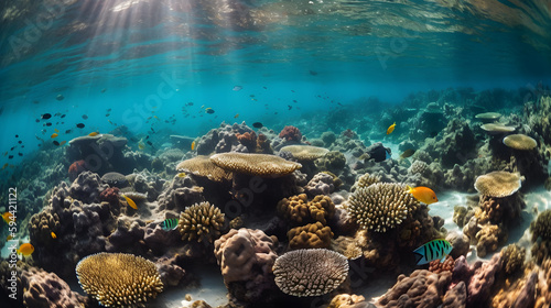 An underwater shot featuring a school of colorful fish swimming around a coral reef,, illuminated by the sun's rays penetrating the ocean's surface, and showcasing the various hues of the marine life