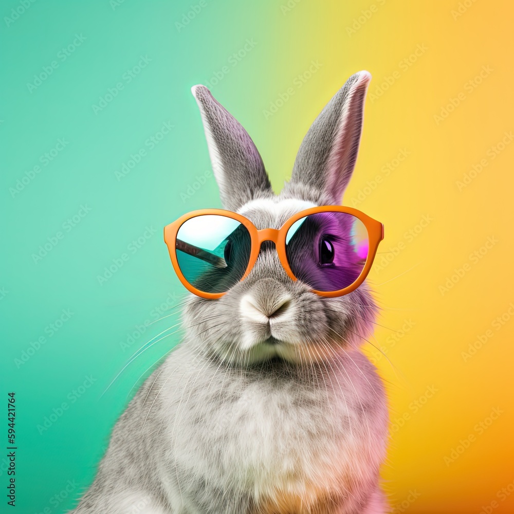 Rabbit wearing sunglasses on colorful background. Rainbow bunny. Generative AI