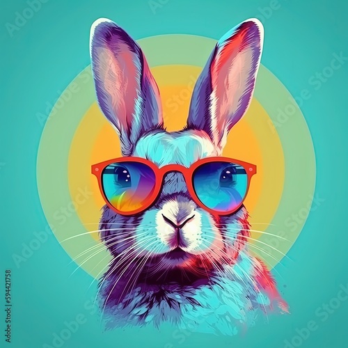 Rabbit wearing sunglasses on colorful background. Rainbow bunny. Generative AI