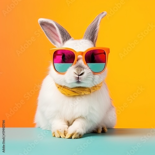 Rabbit wearing sunglasses on colorful background. Rainbow bunny. Generative AI © Snowboy