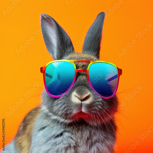Rabbit wearing sunglasses on colorful background. Rainbow bunny. Generative AI