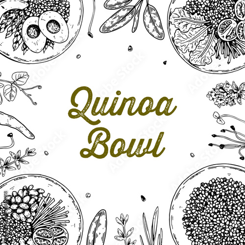 Quinoa bowl background. Hand drawn vector illustration in sketch style. Restaurant menu design.
