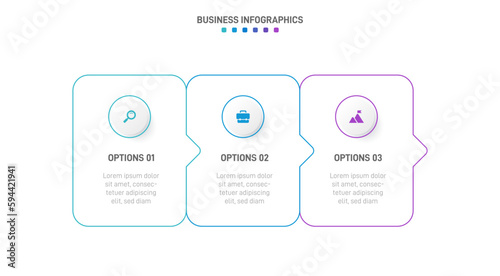 Timeline infographic with infochart. Modern presentation template with 3 spets for business process. Website template on white background for concept modern design. Horizontal layout.