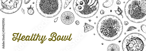 Cereal bowl background. Hand drawn vector illustration in sketch style. Restaurant menu design