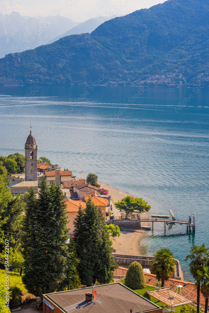 View On Samaino beach and resorts in Lake Como, Italy