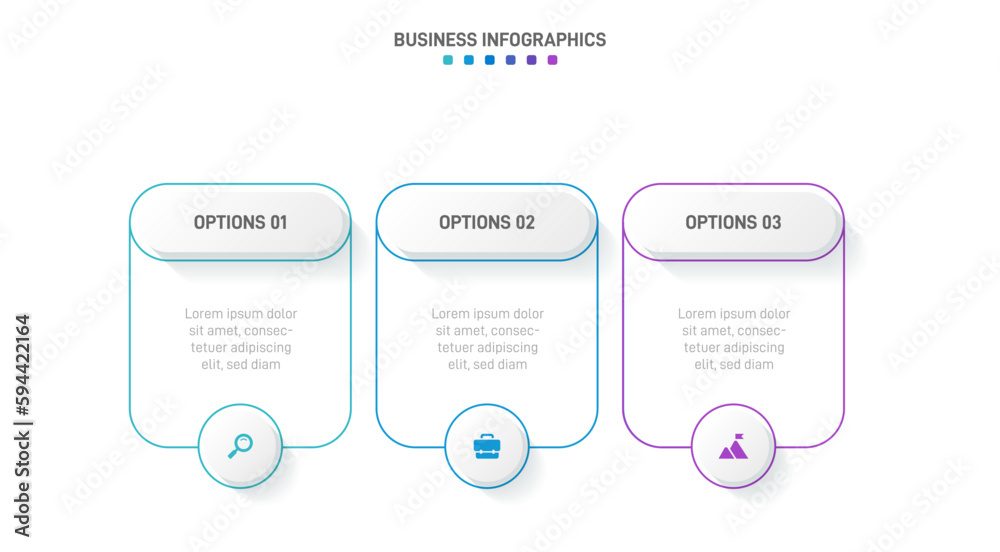 Naklejka premium Timeline infographic with infochart. Modern presentation template with 3 spets for business process. Website template on white background for concept modern design. Horizontal layout.