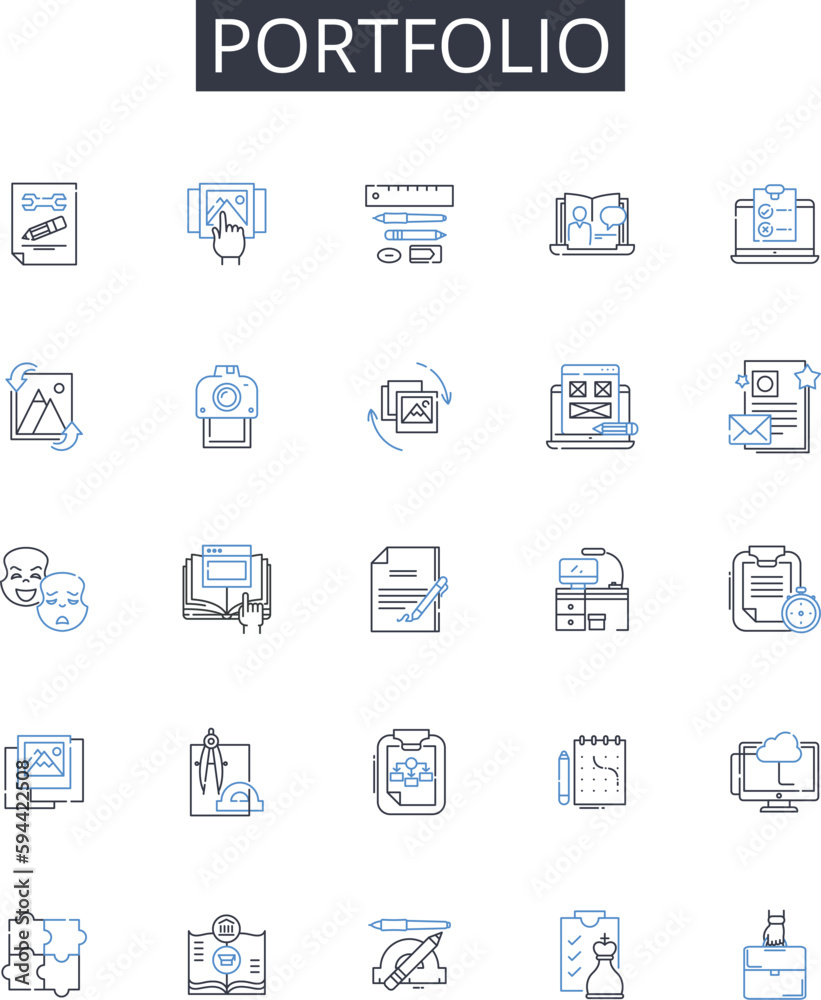 Portfolio line icons collection. Collection, Compilation, Anthology, Assortment, Array, Grouping, Stockpile vector and linear illustration. Depiction,Contingent,Cluster outline signs set Portfolio line icons collection. Collection, Compilation, Anthology, Assortment, Array, Grouping, Stockpile vector and linear illustration. Depiction,Contingent,Cluster outline signs set