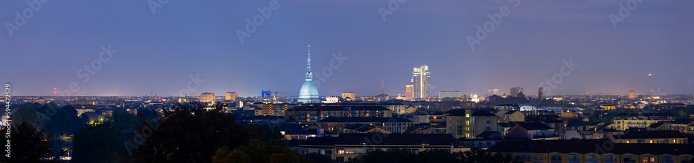 Turin City Skyline At Night -   Panorama of Turin Cityscape, Italy