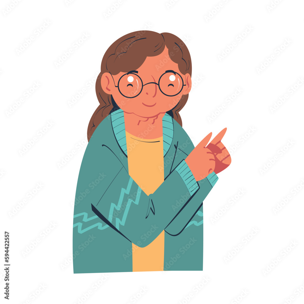 Senior Woman Character in Glasses Smiling and Indicating Pointing with Index Finger Vector Illustration Senior Woman Character in Glasses Smiling and Indicating Pointing with Index Finger Vector Illustration