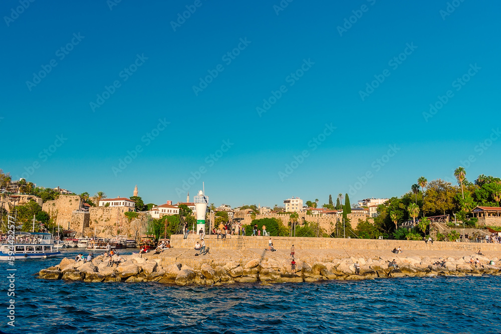 View of the old port from the sea in the city of Antalya.