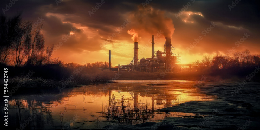 Industrie 4.0 Schwerindustrie Atomindustrie  Chemieindustrie Raffinerie	im Abendlicht Illustration Background Wandbild Generative AI Digital Art
