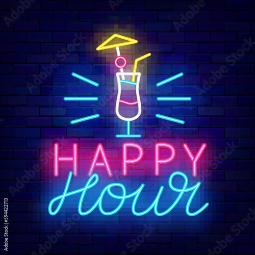 Happy hour neon label. Cocktail icon. Discount for bar, cafe and restaurant. Sale time sign. Vector storck illustration