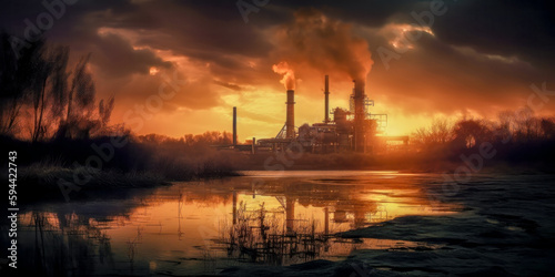 Industrie 4.0 Schwerindustrie Atomindustrie Chemieindustrie Raffinerie im Abendlicht Illustration Background Wandbild Generative AI Digital Art 