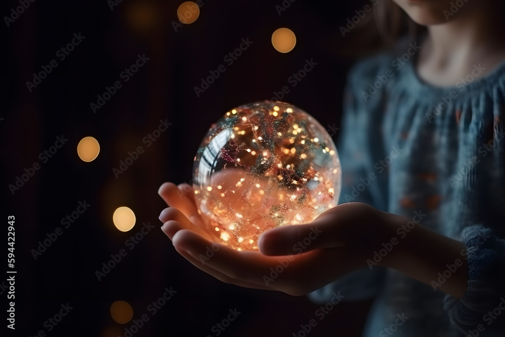 Fototapeta premium Jeune fille tenant une boule magique » IA générative