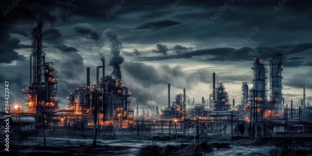 Obraz premium Industrie 4.0 Schwerindustrie Atomindustrie Chemieindustrie Raffinerie im Abendlicht Illustration Background Wandbild Generative AI Digital Art 