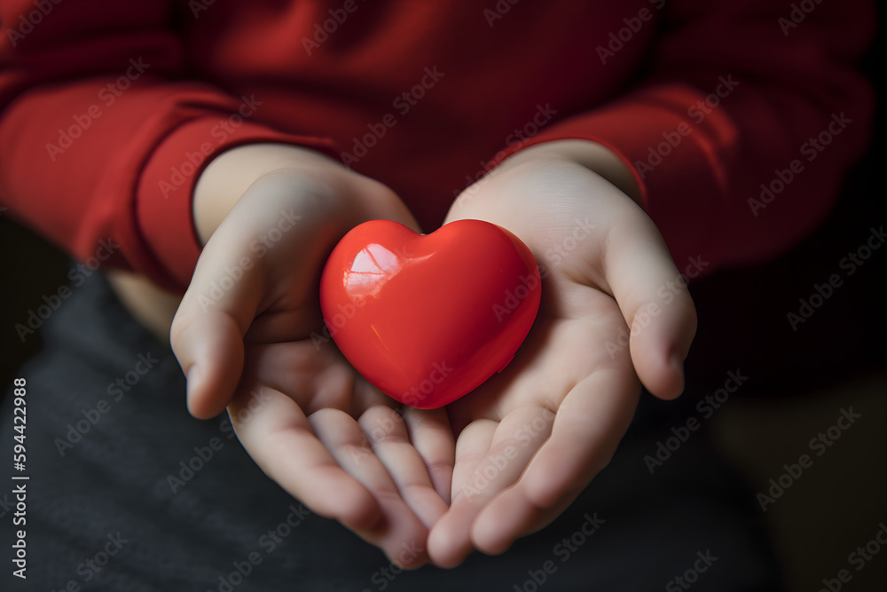 Enfant tenant un coeur rouge antistress dans ses mains » IA générative - obrazy, fototapety, plakaty 