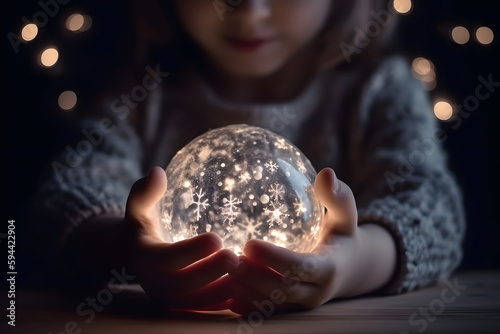 Jeune fille tenant une boule à neige magique » IA générative photo