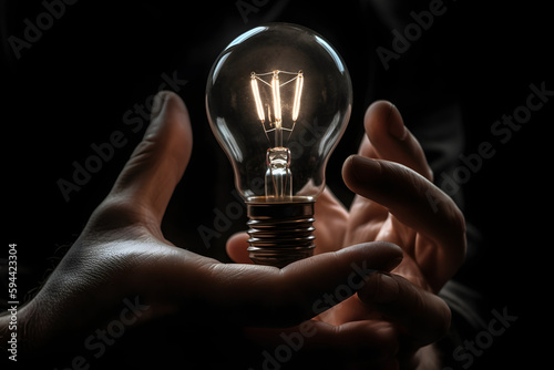 Mains d'une personne tenant une ampoule allumée » IA générative
