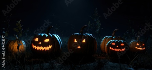 Group of halloween pumpkins in the dark forest created with Generative AI technology.