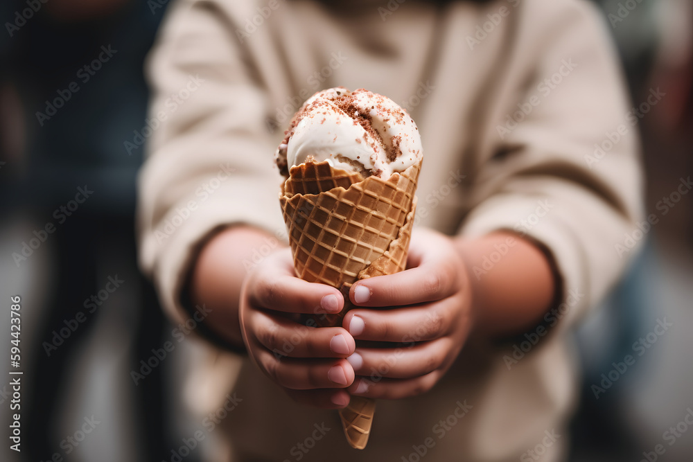 Enfant tenant un cornet avec boule de glace à la vanille dans ses mains » IA générative - obrazy, fototapety, plakaty 
