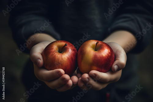 Enfant tenant deux pommes rouges dans ses mains » IA générative